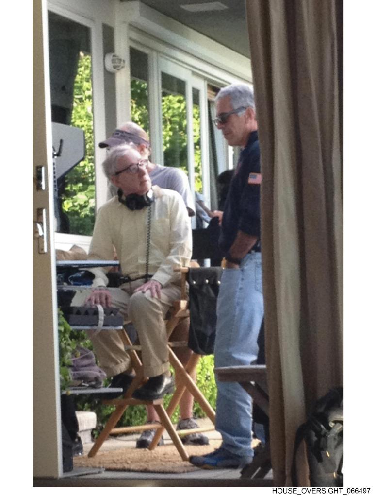 Director Woody Allen speaking with Jeffrey Epstein. 