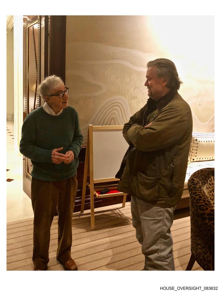 Woody Allen (left) speaks to former Trump advisor Steve Bannon (right). 